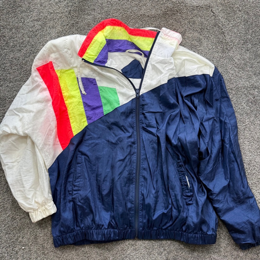 Vintage Image Rainbow Colorblock Windbreaker Jacket Navy White Retro 90s Size 38